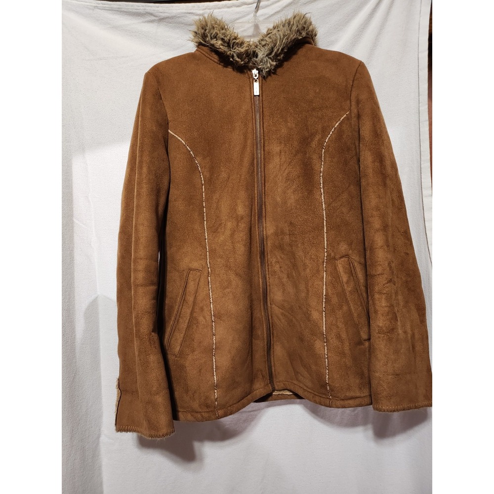 ELLEN TRACY~Womens Medium~Hooded Faux Suede~Plush Jacket~ Lined~Zip Front~Brown